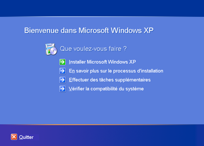 Écran d'installation de Win98 vers XP Pro
