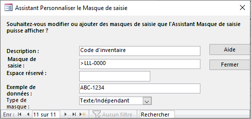 assistant personnaliser masque de saisie