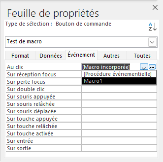 feuille de propriété évènement macro