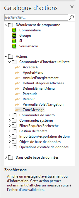 fenêtre du catalogue d'actions