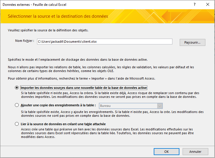 importation feuille de calcul