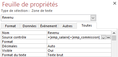 propriétés zone de texte revenu