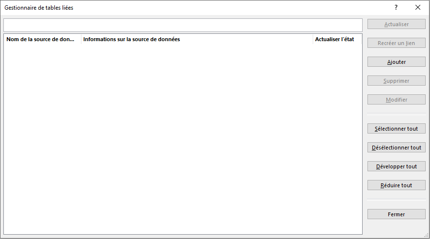 fenêtre du gestionnaire de tables liées