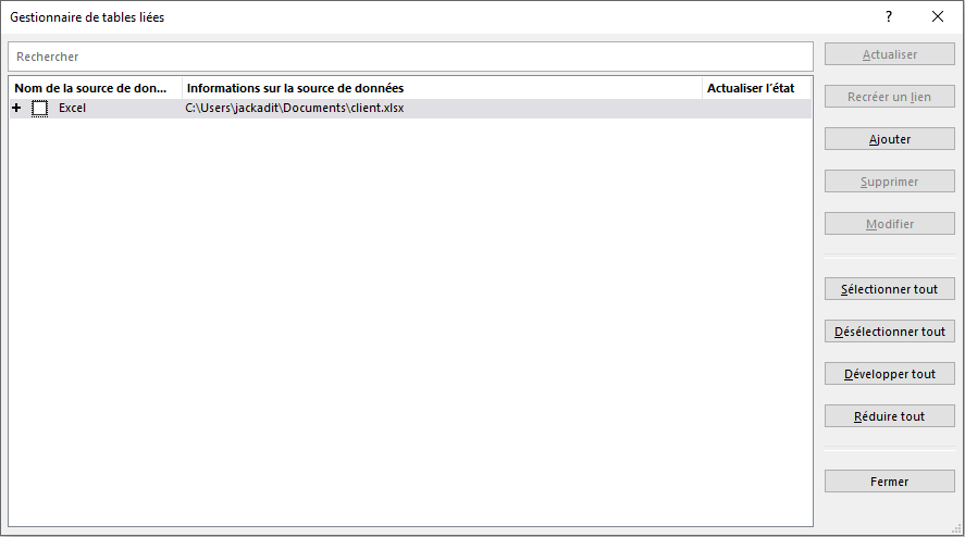 fenêtre du gestionnaire de tables liées