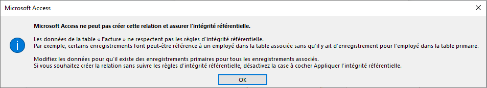 fenêtre message intégrité référentielle