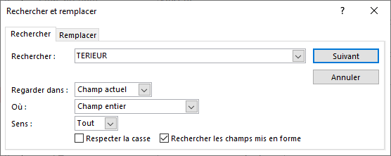 fenêtre rechercher et remplacer