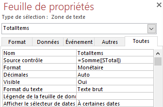zone de texte TotalItems