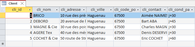 résultat de l'importation de la feuille de calcul
