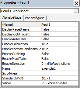 fenêtre des propriétés VBA