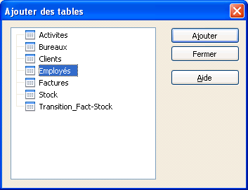 fenêtre ajouter table employés