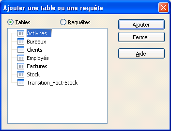 fenêtre ajouter table ou requête