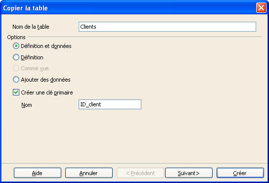 boîte de dialogue Copier la table
