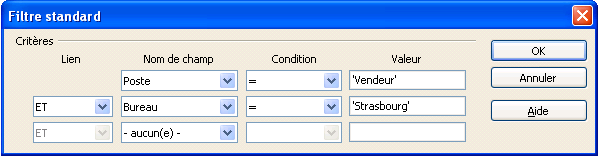 Fenêtre filtre standard