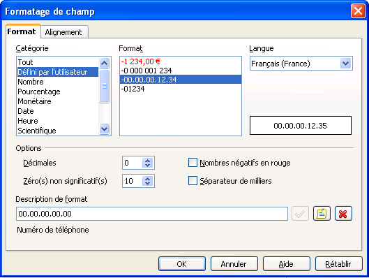 Fenêtre formatage de champ