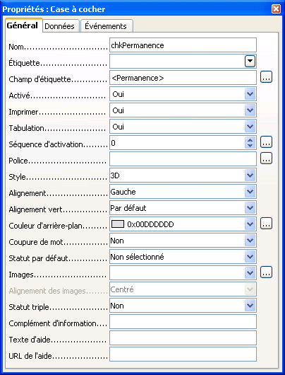 propriétés zone de liste