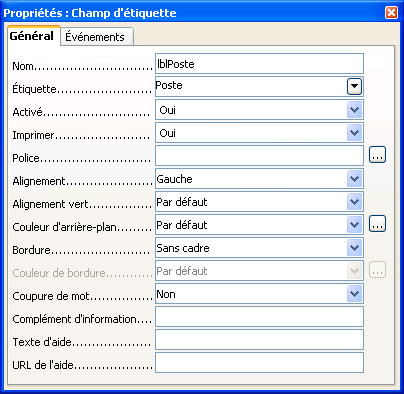 propriétés zone de liste