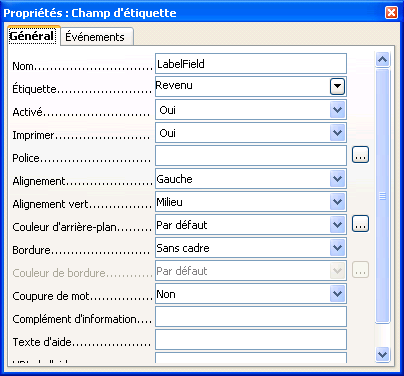 fenêtre des propriétés du champ étiquette
