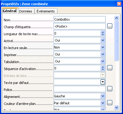 propriétés générales zone combinée