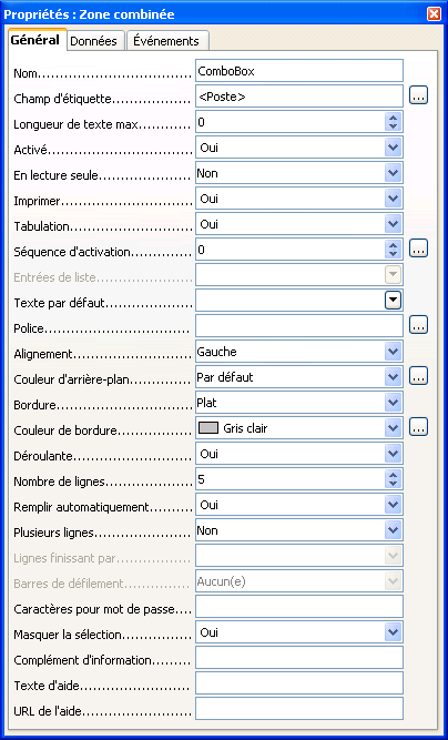 propriétés zone de liste