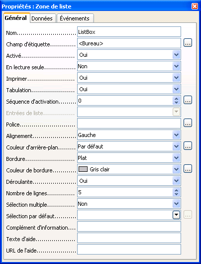 propriétés zone de liste