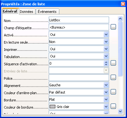 propriétés générales zone de liste