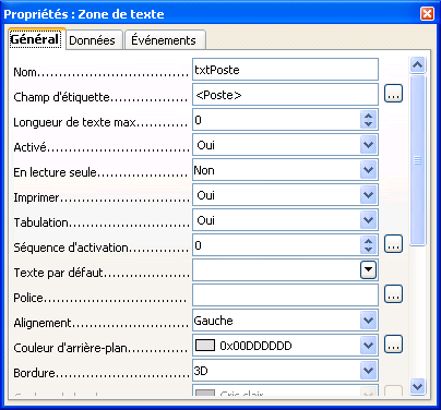 fenêtre propriétés de zone de texte