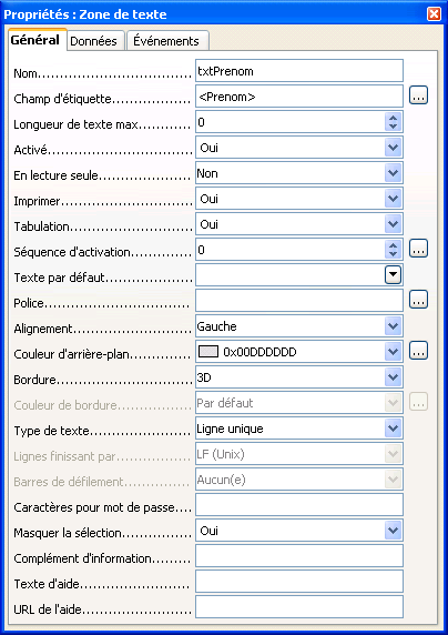 propriétés zone de liste