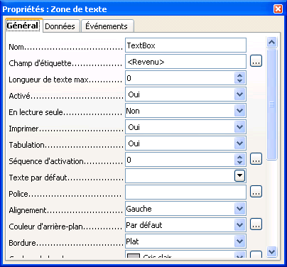 fenêtre propriétés du champ zone de texte