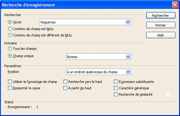 fenêtre rechercher un enregistrement