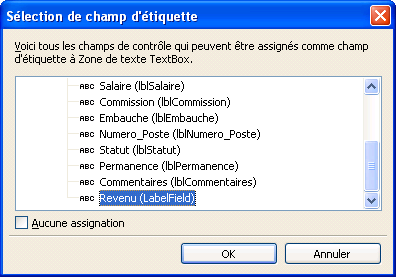 fenêtre de sélection du champ étiquette