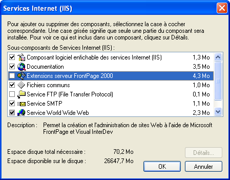 Assistant composants Windows Détails
