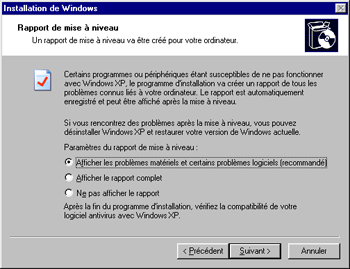 Fenêtre de rapport de mise à niveau