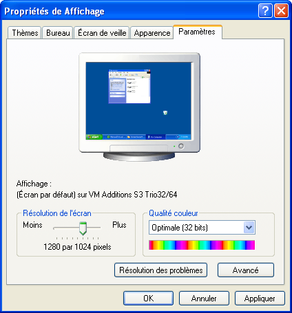 Affichage paramètres