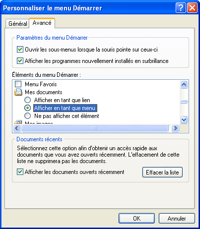 Propriétés du menu Démarrer 2