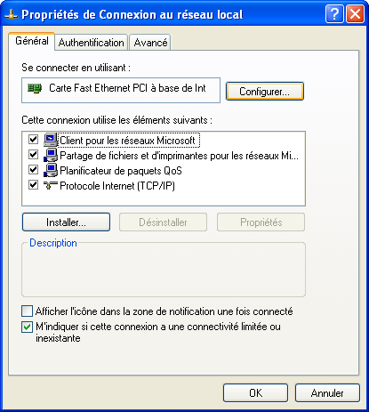 Propriétés de la Connexion au réseau local